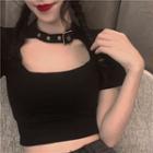 Cut-out Short-sleeve Crop Top Black - One Size
