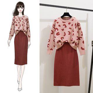 Set: Leopard Sweater + Straight-fit Knit Skirt