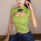 Mandarin Collar Cut-out Short-sleeve Top