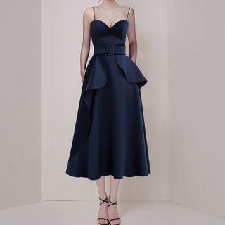 Ruffled Spaghetti-strap Midi A-line Dress