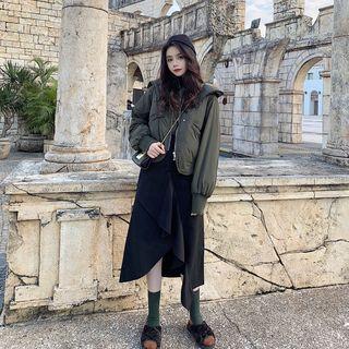 Padded Jacket / Asymmetrical Midi A-line Skirt