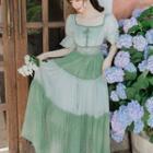 Short-sleeve Two Tone Mesh A-line Dress