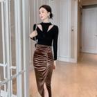 Embellished Ruched Velvet Midi Pencil Skirt