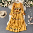 Long-sleeve Floral Embroidered Tie-waist Maxi A-line Dress