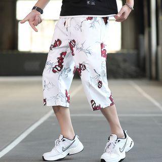 Dragon Print Cropped Straight-cut Pants