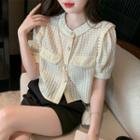 Short Sleeve Faux Pearl Button-up Cropped Shirt