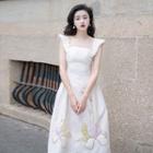 Cap-sleeve Faux Pearl Floral Jacquard Midi A-line Dress