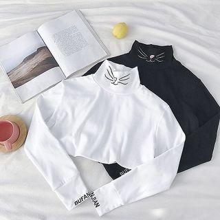 Kitty Lettering Embroidered Mock-neck Long-sleeve Top