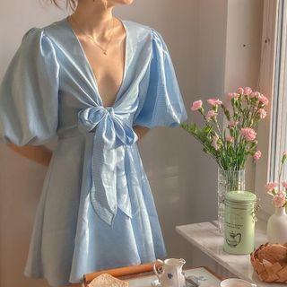 Puff Sleeve V-neck Tie-front A-line Dress