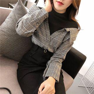 Plaid Long-sleeve Mock Two-piece Top