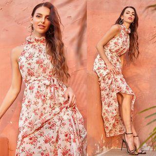 Halter-neck Floral Print Midi Chiffon Dress