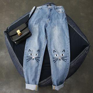 Cat Embroidered Straight-cut Jeans / Under Shorts