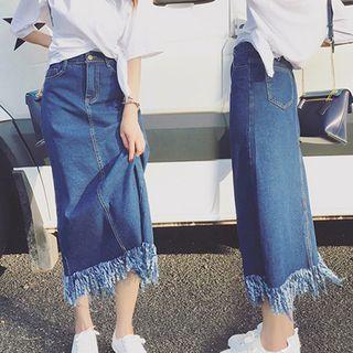 Frayed Midi Denim Skirt / Buttoned Denim Skirt