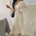 Open-placket Drawstring-waist Textured Dress