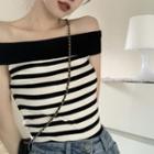 Short-sleeve Off-shoulder Striped Knit Top Black & White - One Size
