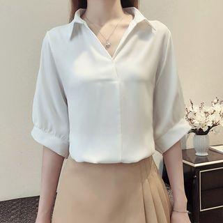 Short-sleeve Split Neck Chiffon Blouse