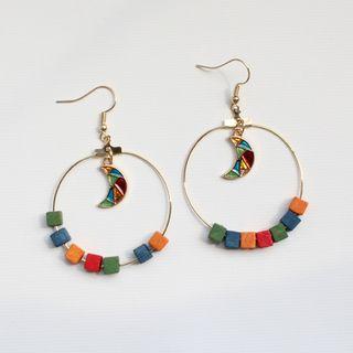 Wooden Cube & Moon Hoop Earring 1 Pair - Moon - Multicolor - One Size