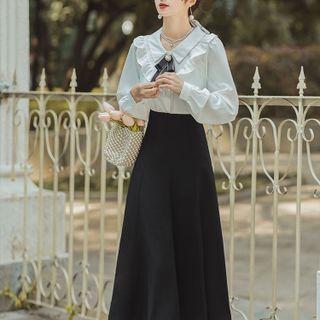 Set: Long-sleeve Ruffled Blouse + Midi A-line Skirt