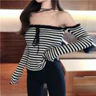 Striped Off Shoulder Long Sleeve Knit Top Black & White - One Size