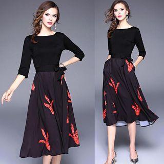 3/4 Sleeve High Waist Print A-line Dress
