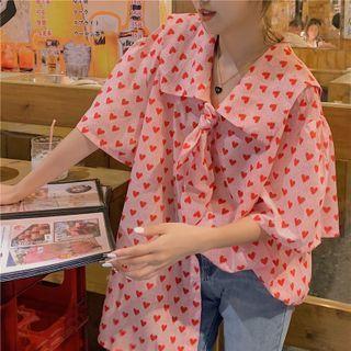 Elbow-sleeve Collared Heart Print Blouse Pink - One Size
