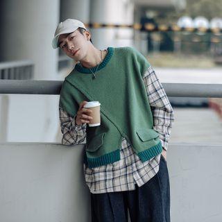 Long-sleeve Mock Two-piece Plaid Panel Shirt