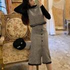 Set: Plain Knit Top + Tweed Vest + Midi Tweed Skirt