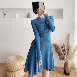 Long-sleeve Ribbed Knit Mini A-line Dress