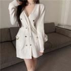 Long-sleeve Double-breasted Knit Mini Sheath Dress