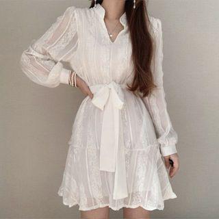 Stand Collar Placket Lace A-line Dress