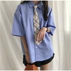 Pocketed Elbow-sleeve Shirt With Tie Blue - One Size