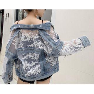 Lace Panel Distressed Denim Jacket