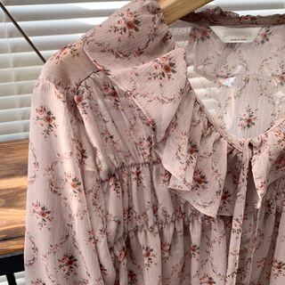 Tie-neck Ruffle-trim Shirred Floral Blouse Beige - One Size