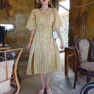 Slit-side Checked Shirtdress