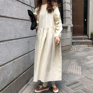 Plain Long-sleeve Midi Shift Dress Almond - One Size