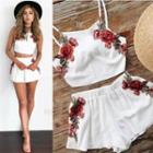 Set: Floral Embroidery Camisole Top + Wide-leg Shorts