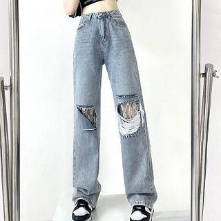 High-waist Ripped Denim Wide-leg Pants