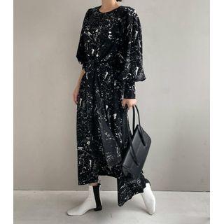 Long-sleeve Splatter Print Twist Midi Shift Dress Black - One Size