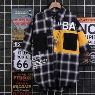 Color Panel Plaid Elbow-sleeve Shirt