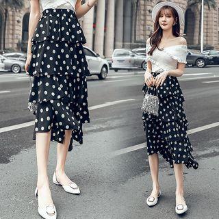 Asymmetric Polka Dot A-line Midi Tiered Skirt
