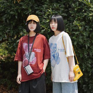 Bear Print Round-neck Short-sleeve Top