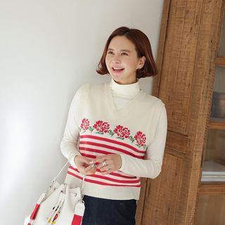 V-neck Flower Stripe Knit Vest