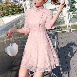 Frog-button Detail 3/4-sleeve A-line Dress