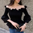 3/4-sleeve Frill Trim Off Shoulder Top Black - One Size