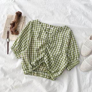 Elbow-sleeve Elastic Waist Plaid Top