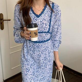 V-neck Lace Trim Floral Midi Mermaid Dress