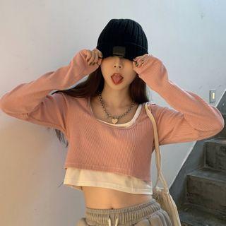 Mock Two-piece Ribbed Cropped Knit Top