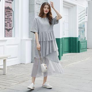 Elbow-sleeve Mesh Panel Layered T-shirt Dress Gray - One Size