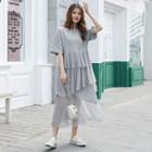 Elbow-sleeve Mesh Panel Layered T-shirt Dress Gray - One Size