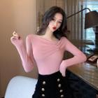 Asymmetrical Neckline Shirred T-shirt